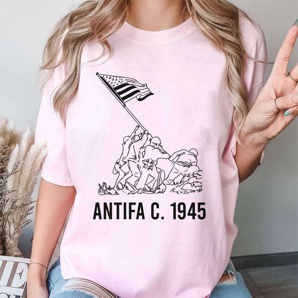 Antifa T-Shirt 1945 | WWII Historical Graphic Tee | 100% Cotton Premium Quality | Anti-Fascist Protest Liberty Gift For Activ