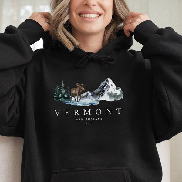 Vermont Hoodie | Watercolor Mountain Moose Wilderness Design | Premium Cotton Blend | Nature Lover New England Souvenir Gift