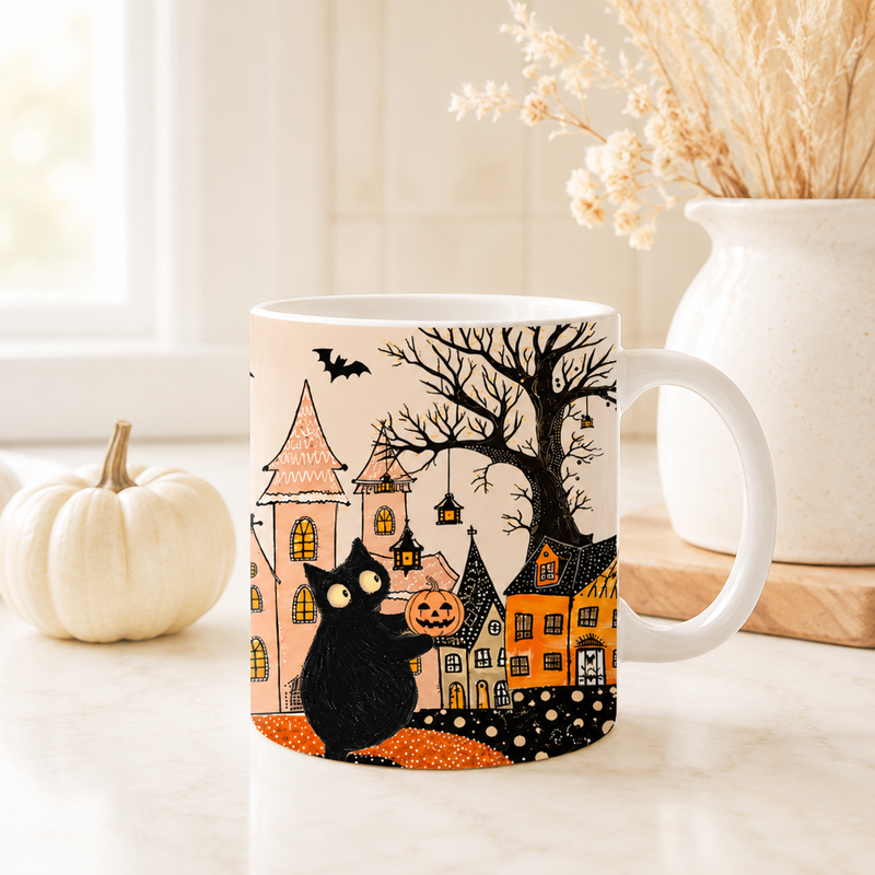 Lantern Village Night - A Black Cat, a Pumpkin and a Quiet Halloween Mug
