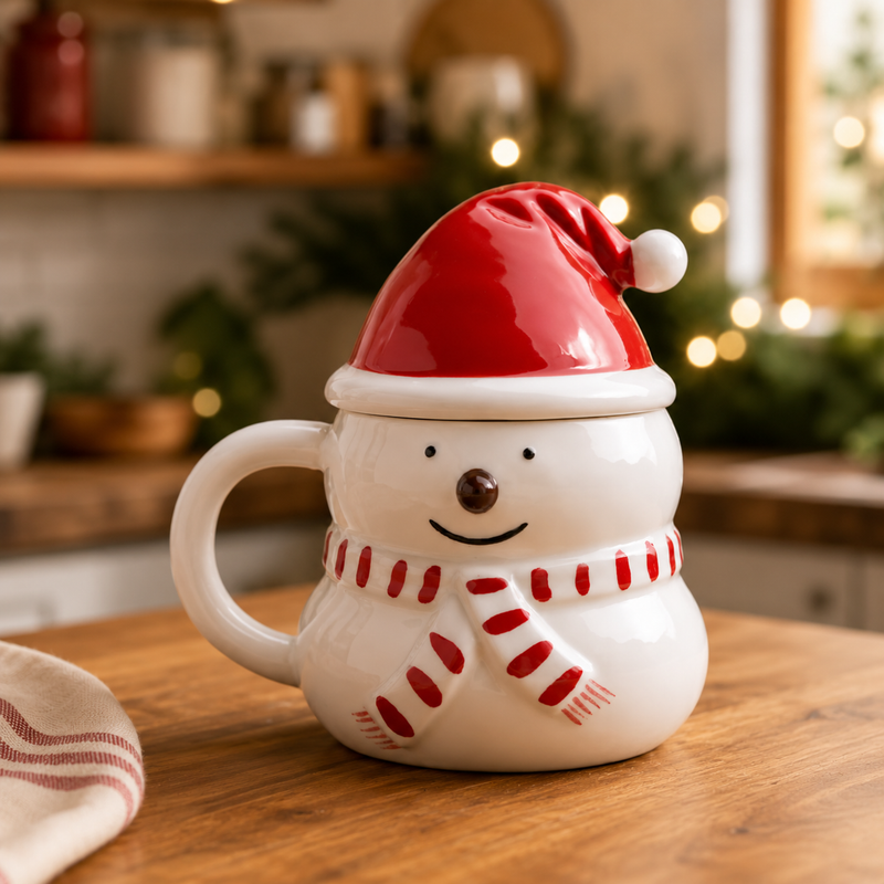 Snowman Smile - Santa Hat Lid Holiday Mug