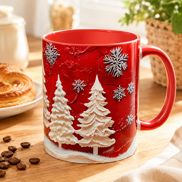 Crimson Winterscape - Sculpted-Look Pine and Snowflake Mug - mockup