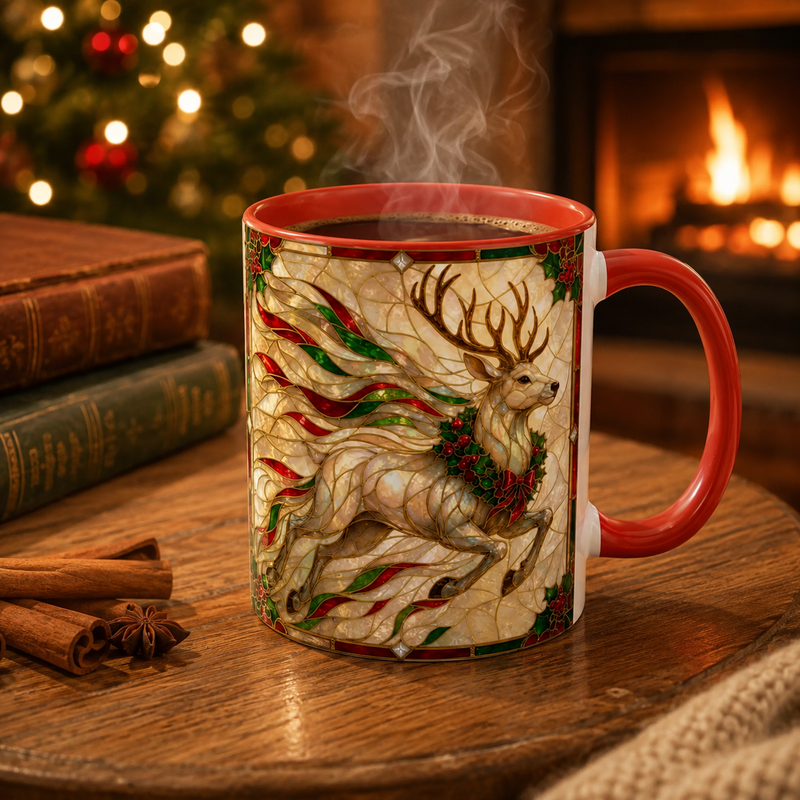 Opaline Stag - Stained Glass Holly Christmas Mug