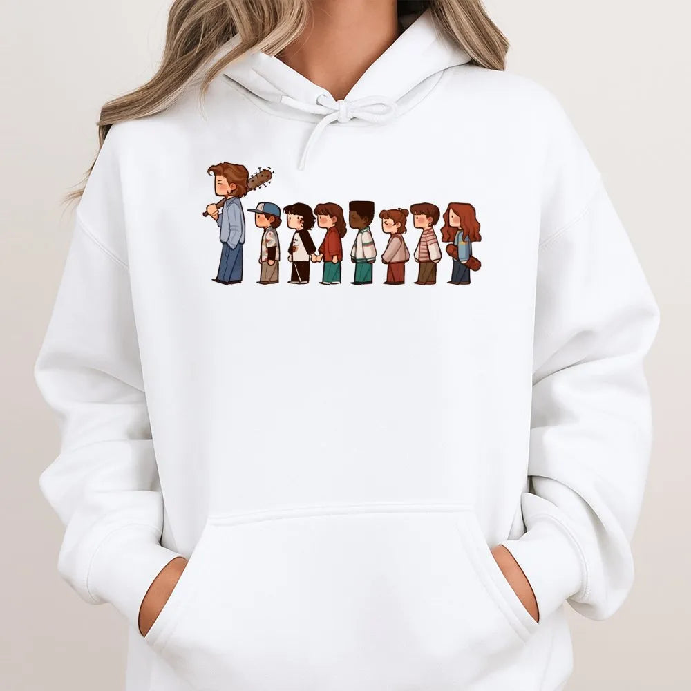 Stranger TV Show Hoodie | Chibi Character Lineup Graphic | Premium Cotton Blend Unisex Sweatshirt | Retro Sci-Fi Fan Gift