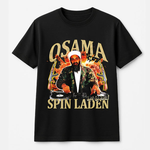 Osama Spin Laden T-Shirt | 90s Vintage Rap Graphic Style | Premium Cotton Apparel | Funny DJ Parody Gift for Music Lovers
