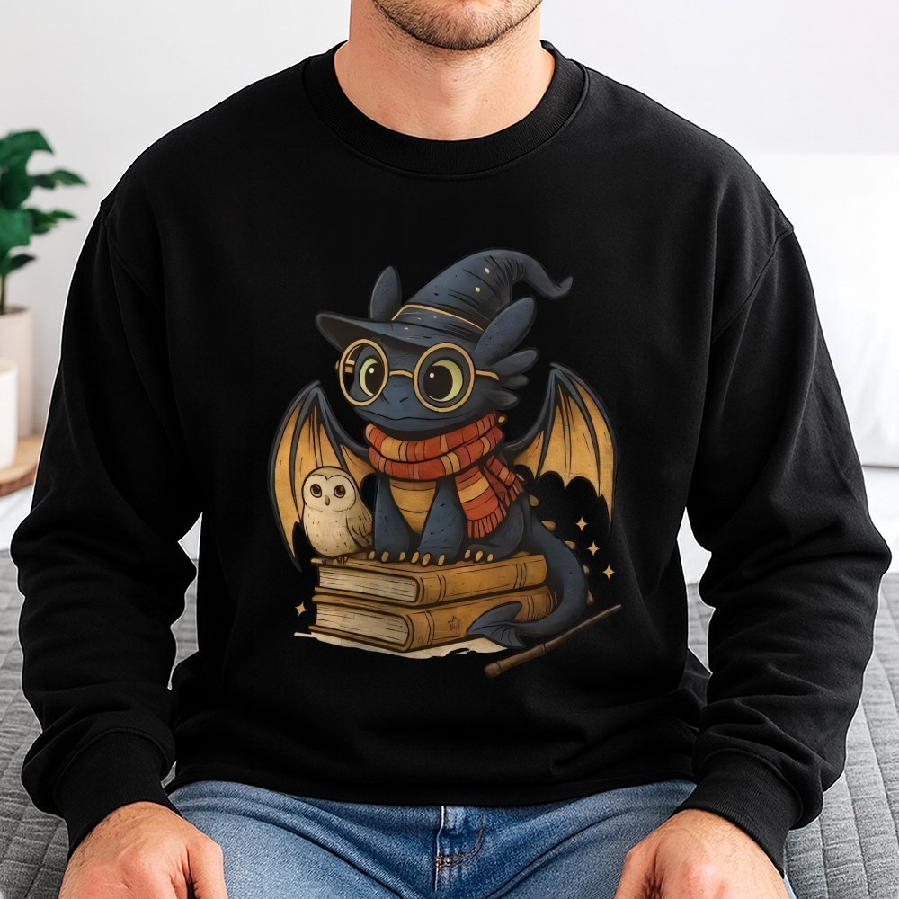 Wizard Dragon Sweatshirt | Cute Fantasy Creature Reading Books | Soft Cotton Blend Graphic Crewneck | Book Lover Gift for Men