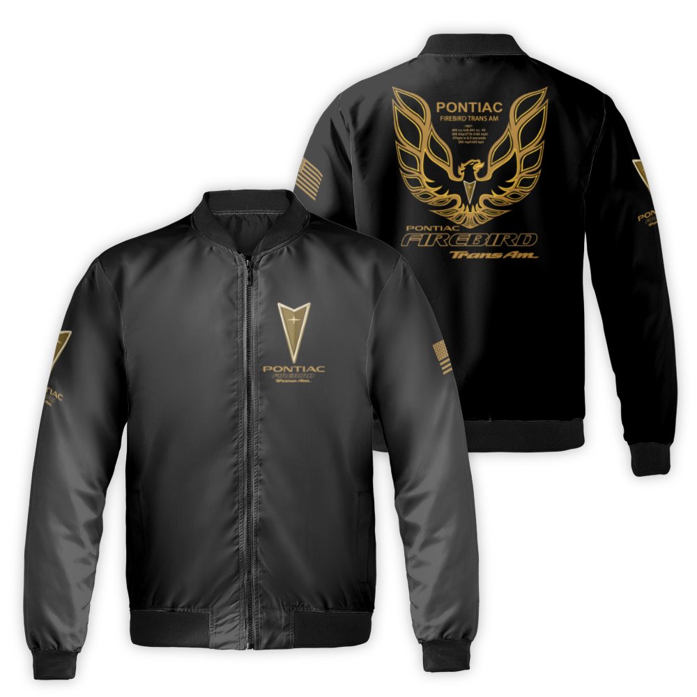 Pontiac Firebird Trans Am Bomber Jacket | Screaming Chicken V8 Gold Graphic | Premium Nylon Outerwear | Gift for Muscle Car E