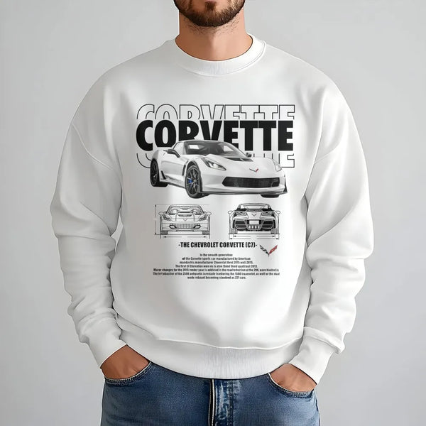 Corvette C7 Sweatshirt | Vintage Blueprint Sports Car Graphic | Premium Cotton Blend Unisex Pullover | Car Enthusiast Gift