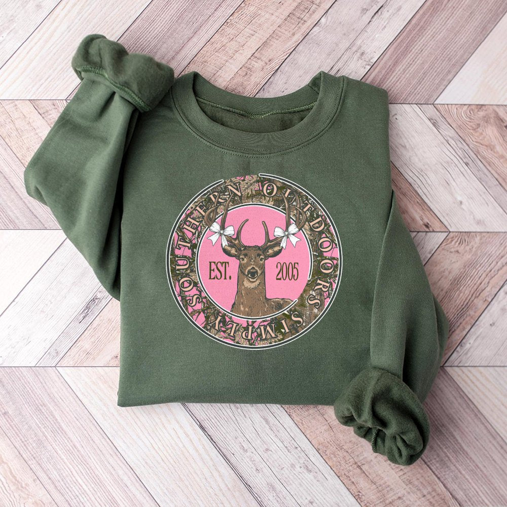 Deer Graphic Sweatshirt | Pink Camo Country Aesthetic | Premium Cotton Blend Crewneck | Cute Bow Hunting Gift For Women