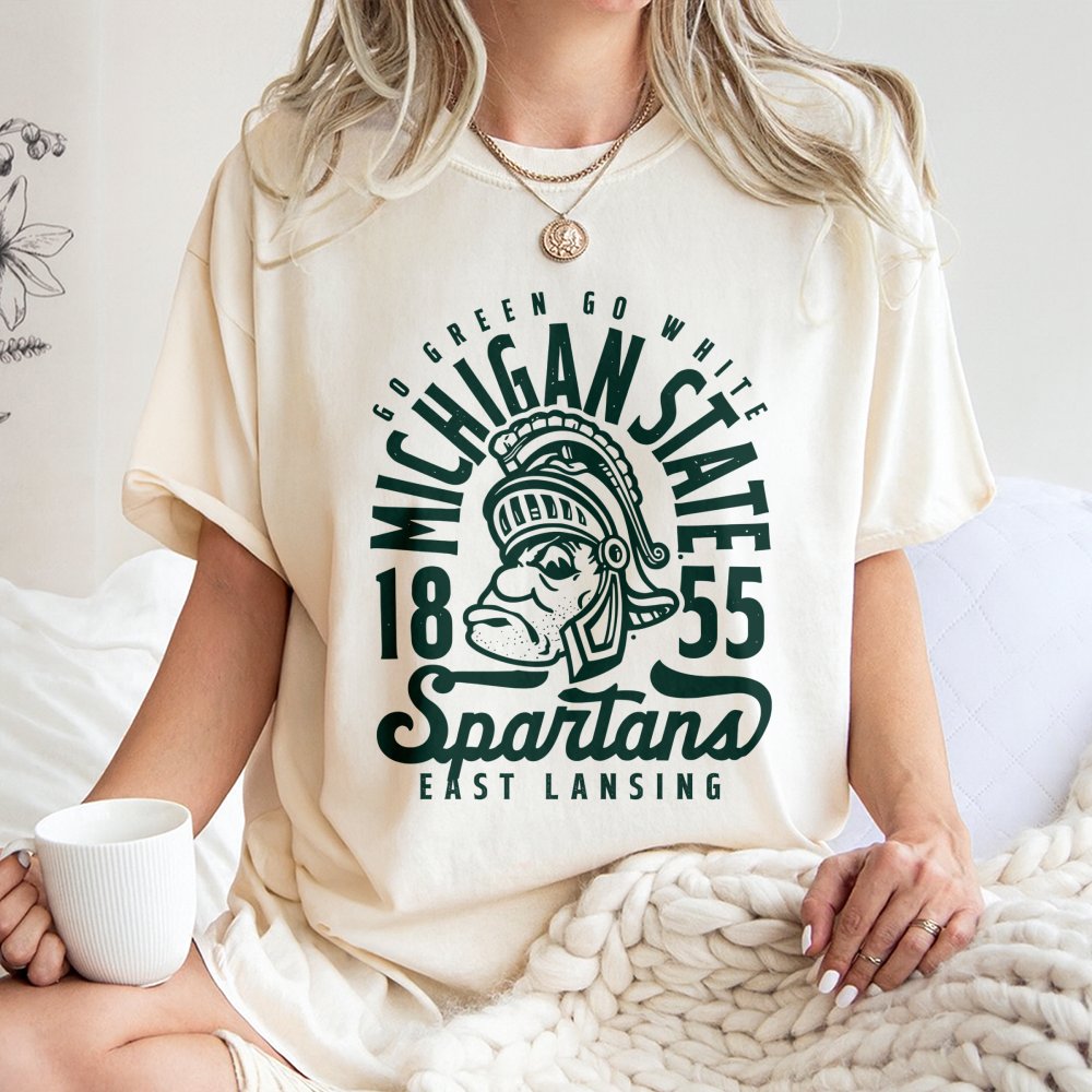 Michigan State Spartans T-Shirt | Go Green Go White Mascot Graphic | Soft Premium Cotton | University College Game Day Gift