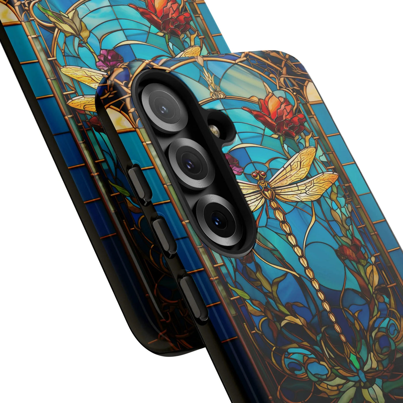 Stained Glass Dragonfly Phone Case | Artistic Floral Nature Pattern | Dual-Layer Polycarbonate Protection | Unique Gift for S