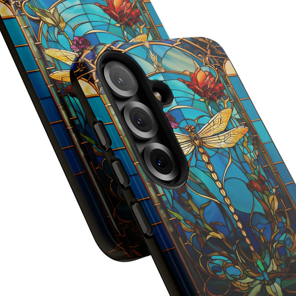 Stained Glass Dragonfly Phone Case | Artistic Floral Nature Pattern | Dual-Layer Polycarbonate Protection | Unique Gift for S