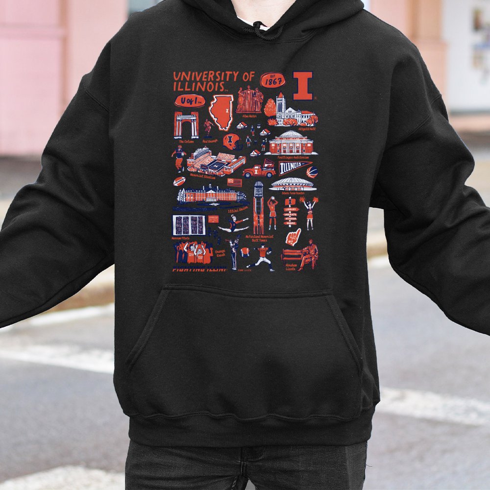 University of Illinois Hoodie | Fighting Illini Campus Landmark Collage | Premium Cotton Blend | Gift for U of I Students Alu