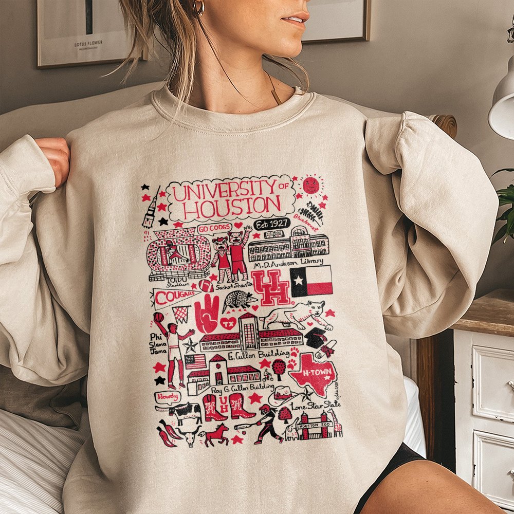 University of Houston Sweatshirt | UH Cougars Mascot Doodle Collage | Premium Cotton Blend | Gift for Students Alumni and Fan