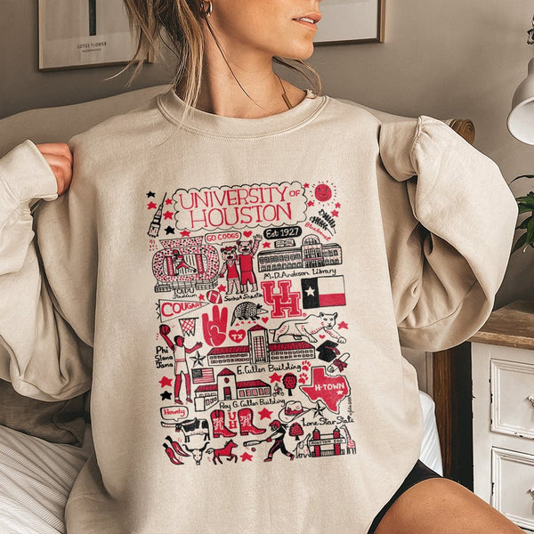 University of Houston Sweatshirt | UH Cougars Mascot Doodle Collage | Premium Cotton Blend | Gift for Students Alumni and Fan