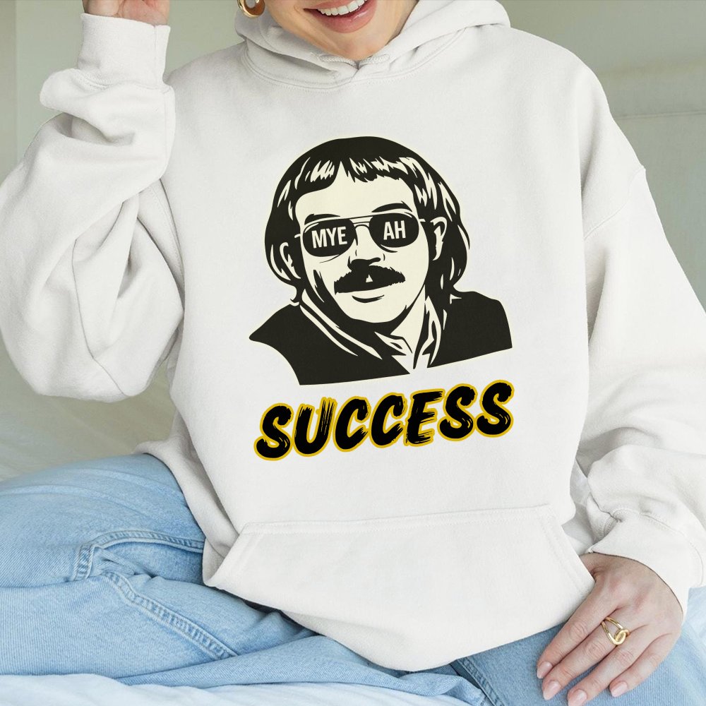 Myeah Success Hoodie | Funny Mustache Man Graphic Art | Premium Cotton Blend | Viral Internet Meme Gift for Men and Women