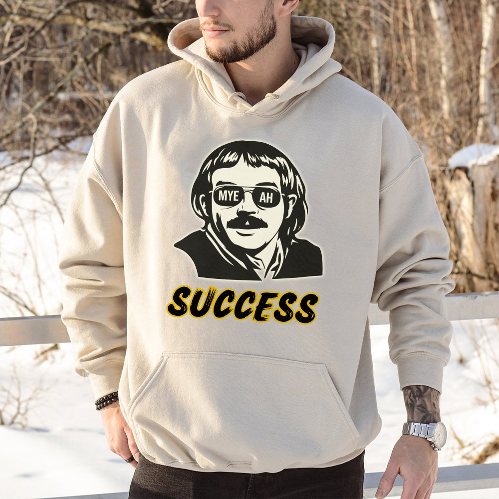Myeah Success Hoodie | Funny Mustache Man Graphic Art | Premium Cotton Blend | Viral Internet Meme Gift for Men and Women
