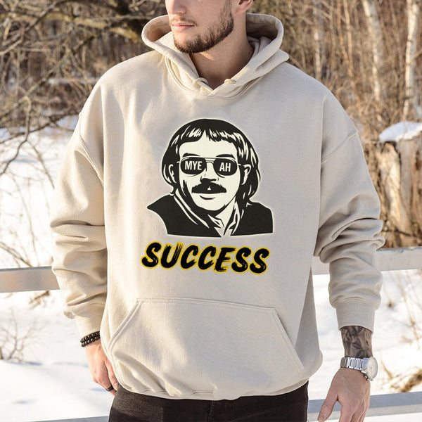 Myeah Success Hoodie | Funny Mustache Man Graphic Art | Premium Cotton Blend | Viral Internet Meme Gift for Men and Women