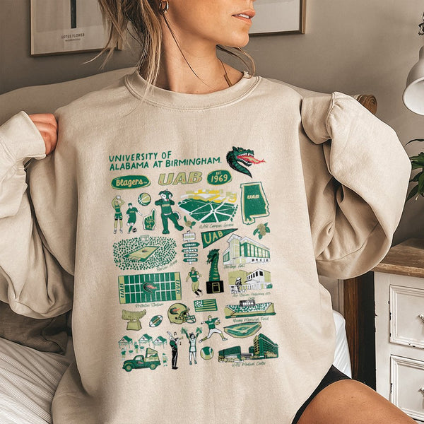UAB Sweatshirt | University Of Alabama At Birmingham Campus Collage | Premium Cotton Blend | Gift For Blazers Fans Students A
