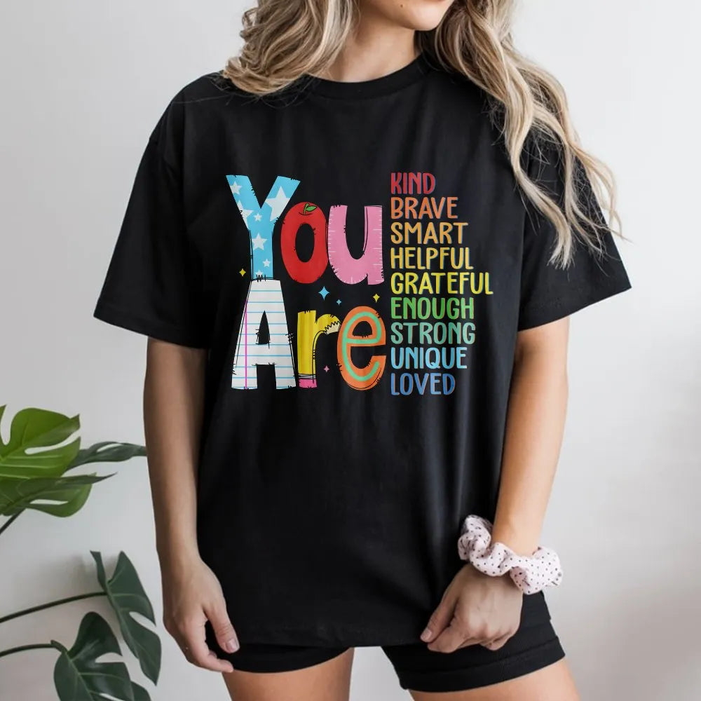 Positive Affirmation Tee | Colorful 'You Are Kind Brave Smart' Graphic | Soft Breathable Cotton | Mental Health Awareness Gif