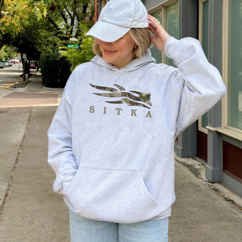 Sitka Hunting Graphic Hoodie | Camo Logo Pullover Sweatshirt | Premium Cotton-Polyester Blend | Outdoor Enthusiast Gift