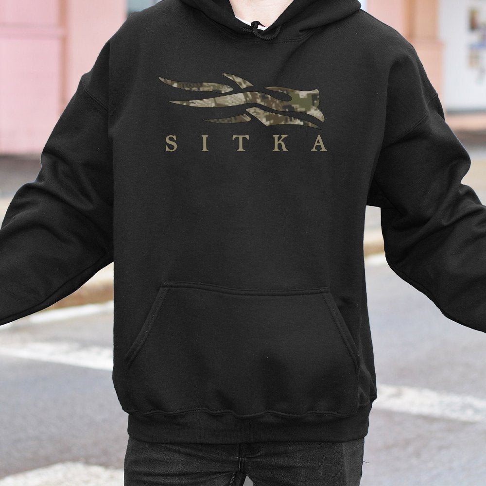 Sitka Hunting Graphic Hoodie | Camo Logo Pullover Sweatshirt | Premium Cotton-Polyester Blend | Outdoor Enthusiast Gift