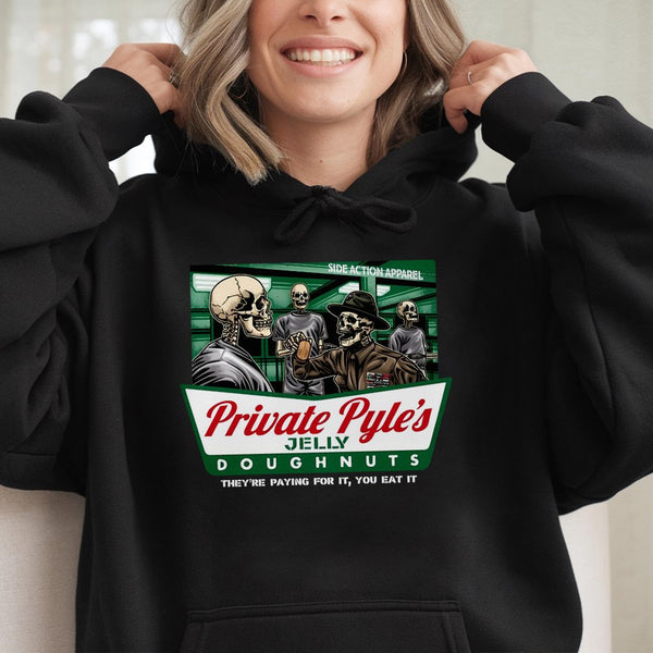 Private Pyle Jelly Doughnuts Hoodie | Military Humor Skeleton Graphic | Cotton-Poly Blend Sweatshirt | Funny Retro Movie Fan 