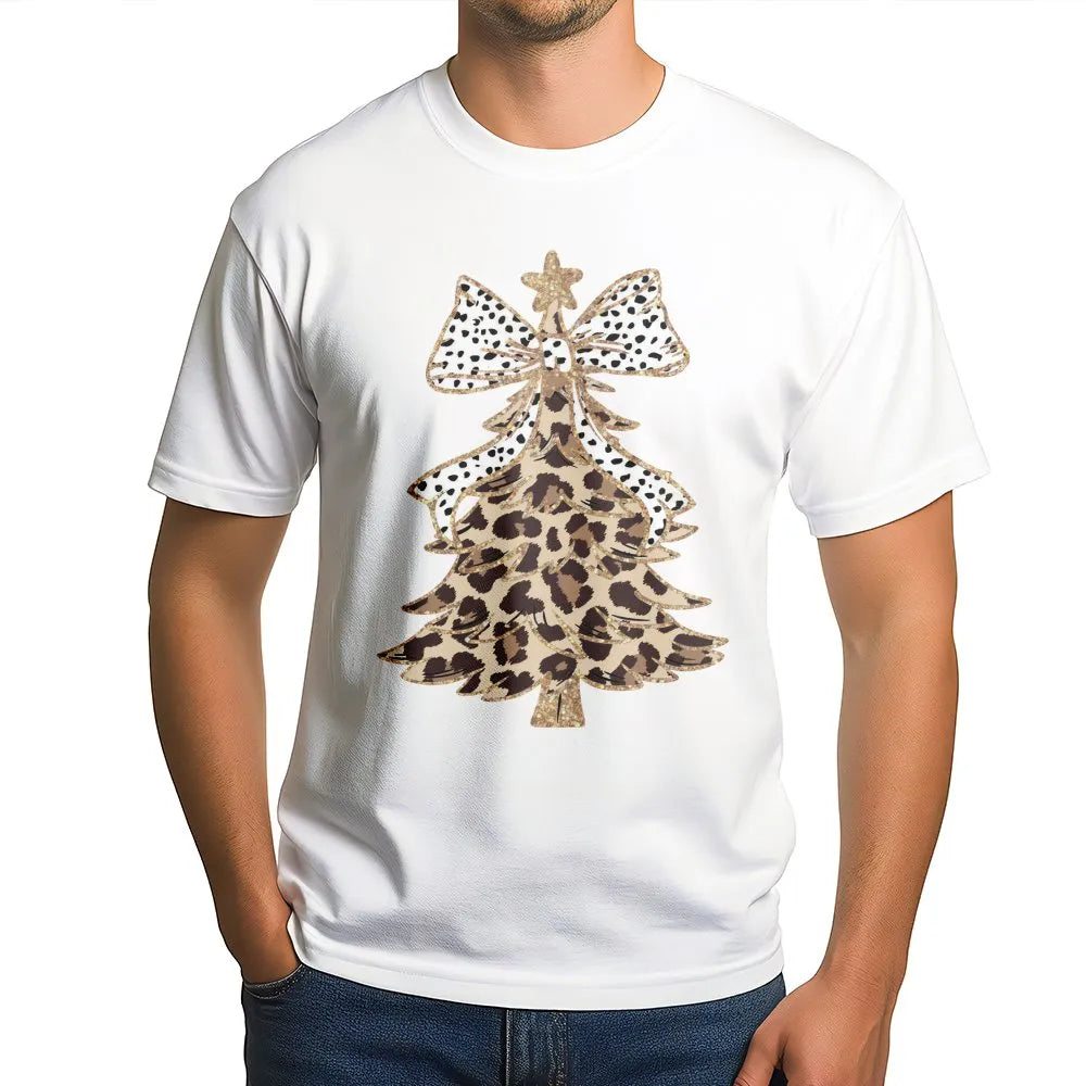 Leopard Print Christmas Tree T-Shirt | Festive Polka Dot Bow Graphic | Soft Cotton Holiday Apparel | Cute Women's Winter Gift