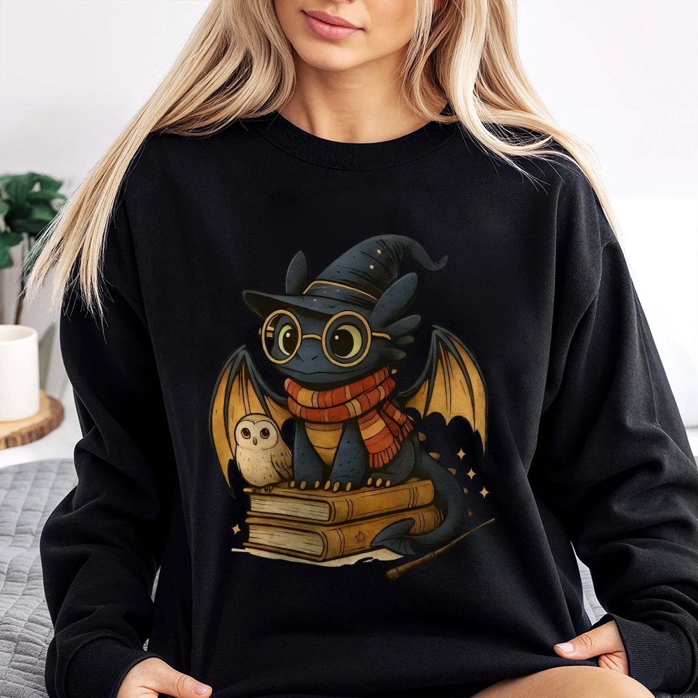 Wizard Dragon Sweatshirt | Cute Fantasy Creature Reading Books | Soft Cotton Blend Graphic Crewneck | Book Lover Gift for Men