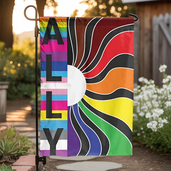 LGBTQ Ally Garden Flag | Pride Rainbow Sunburst Design | Durable Weather-Resistant Polyester | Outdoor Pride Month Decor Gift