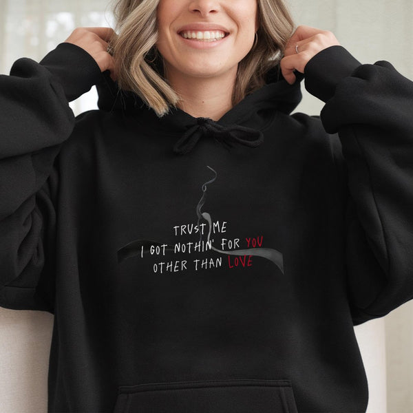 Trust Me Love Hoodie | Aesthetic Graphic Quote Pullover | Premium Cotton-Blend Streetwear | Unisex Emo Alt Fashion Gift