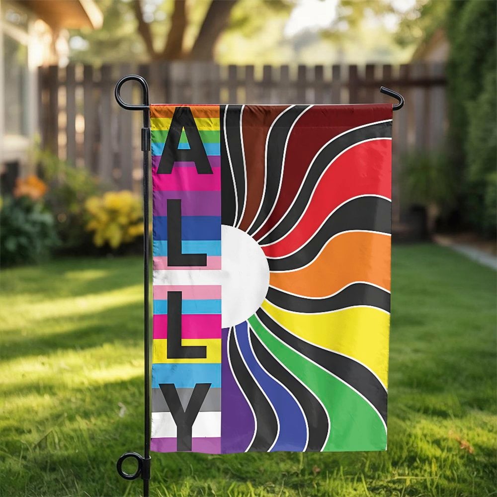 LGBTQ Ally Garden Flag | Pride Rainbow Sunburst Design | Durable Weather-Resistant Polyester | Outdoor Pride Month Decor Gift
