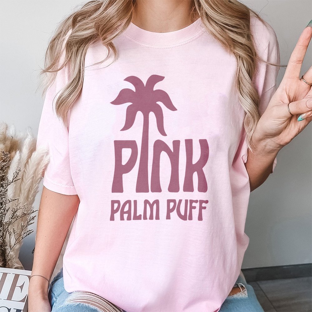Pink Palm Puff T-Shirt | Retro Tropical Beach Aesthetic Graphic | Premium 100% Cotton Tee | Trendy Unisex Summer Gift For Bea