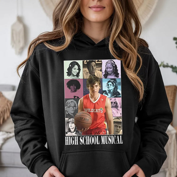 High School Musical Hoodie | Troy Bolton Collage Graphic Print | Premium Cotton Blend Pullover | Nostalgic 2000s Movie Fan Gi
