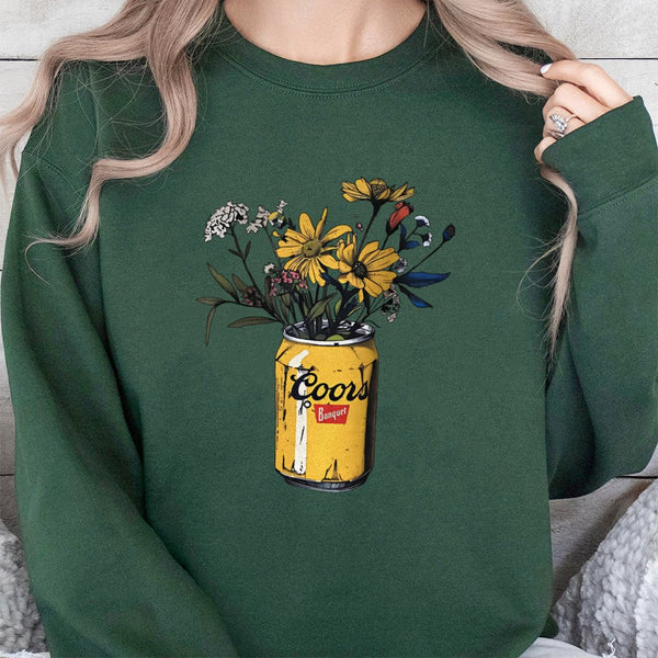 Coors Banquet Beer Sweatshirt | Vintage Floral Can Graphic Design | Premium Cotton Blend Crewneck | Unisex Retro Gift For Bee