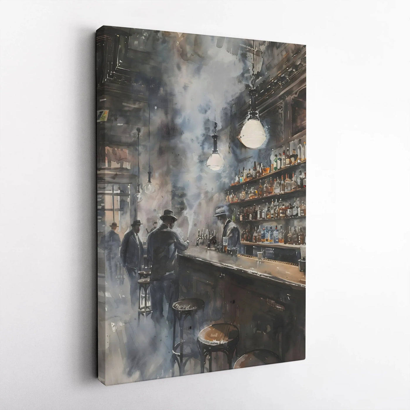 Speakeasy Bar Canvas Wall Art | Smoky Vintage Tavern Watercolor Print | Premium Gallery Wrapped Decor | Prohibition Era Gift 