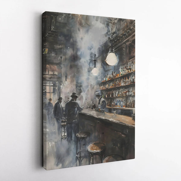 Speakeasy Bar Canvas Wall Art | Smoky Vintage Tavern Watercolor Print | Premium Gallery Wrapped Decor | Prohibition Era Gift 