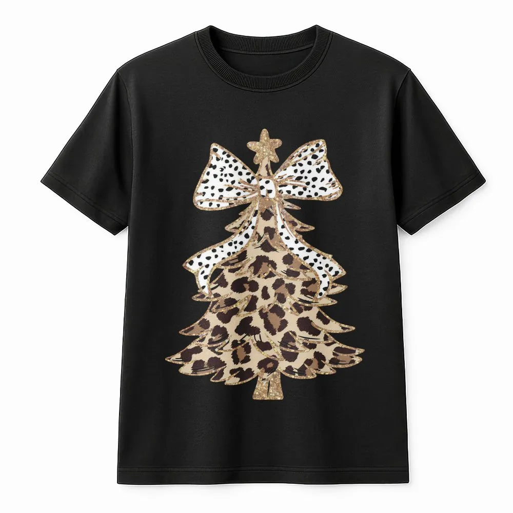 Leopard Print Christmas Tree T-Shirt | Festive Polka Dot Bow Graphic | Soft Cotton Holiday Apparel | Cute Women's Winter Gift