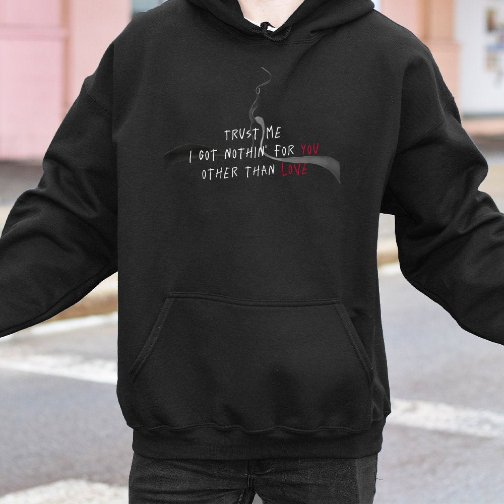 Trust Me Love Hoodie | Aesthetic Graphic Quote Pullover | Premium Cotton-Blend Streetwear | Unisex Emo Alt Fashion Gift