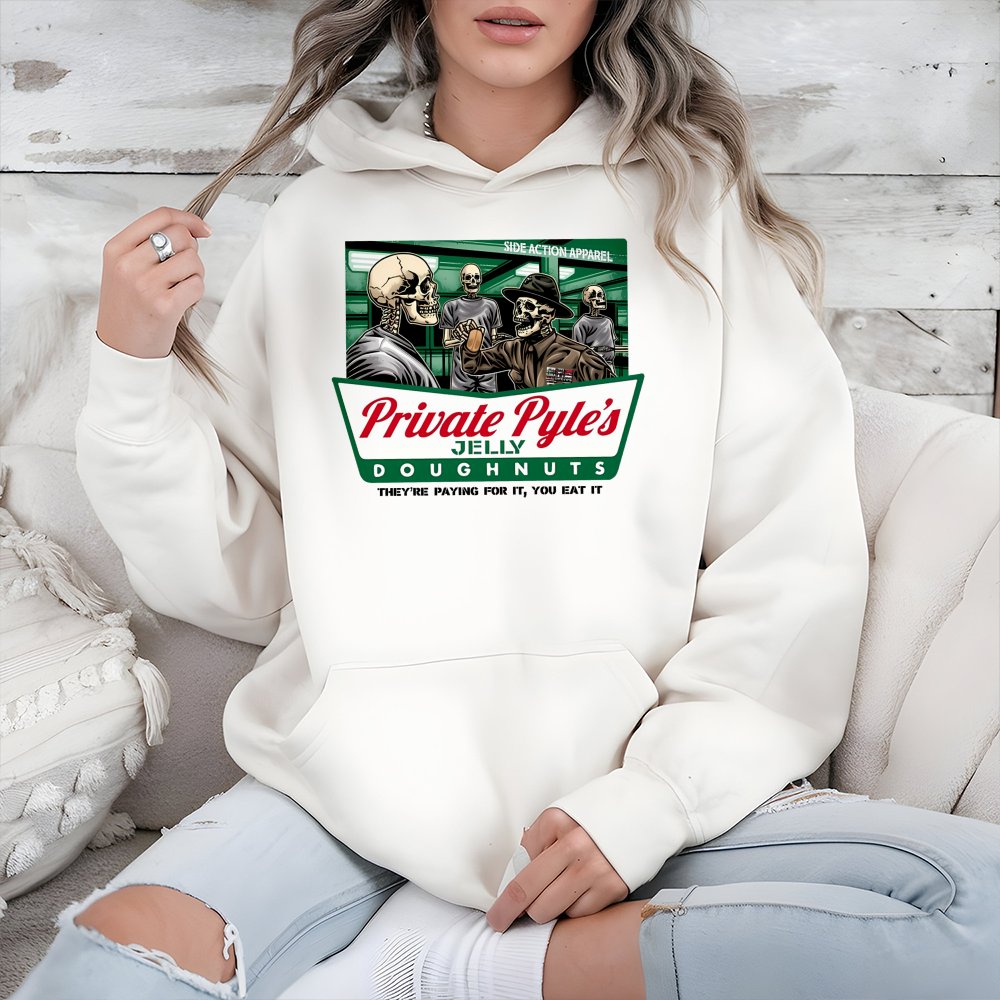 Private Pyle Jelly Doughnuts Hoodie | Military Humor Skeleton Graphic | Cotton-Poly Blend Sweatshirt | Funny Retro Movie Fan 