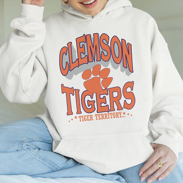 Clemson Tigers Hoodie | Retro Tiger Territory Paw Print Graphic | Premium Cotton Blend Sweatshirt | Gift for College Students