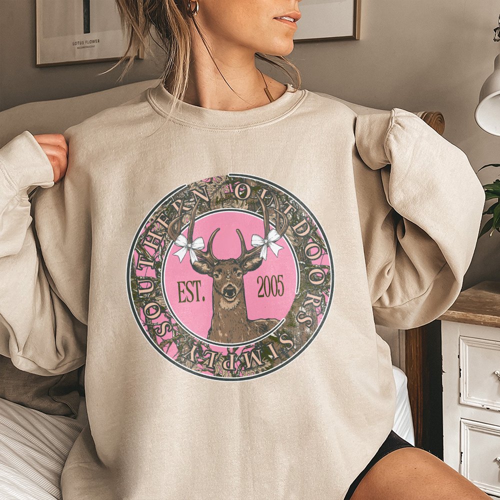 Deer Graphic Sweatshirt | Pink Camo Country Aesthetic | Premium Cotton Blend Crewneck | Cute Bow Hunting Gift For Women