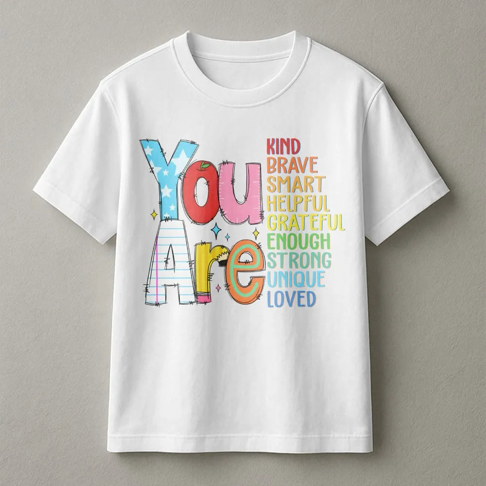 Positive Affirmation Tee | Colorful 'You Are Kind Brave Smart' Graphic | Soft Breathable Cotton | Mental Health Awareness Gif