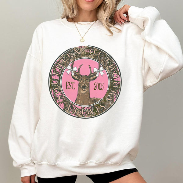 Deer Graphic Sweatshirt | Pink Camo Country Aesthetic | Premium Cotton Blend Crewneck | Cute Bow Hunting Gift For Women