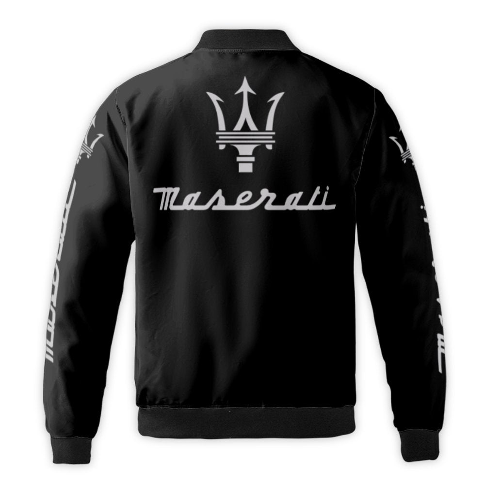 Luxury Car Logo Bomber Jacket | Maserati Trident Script Graphic | Durable Nylon Streetwear | Premium Gift for Automotive Enth