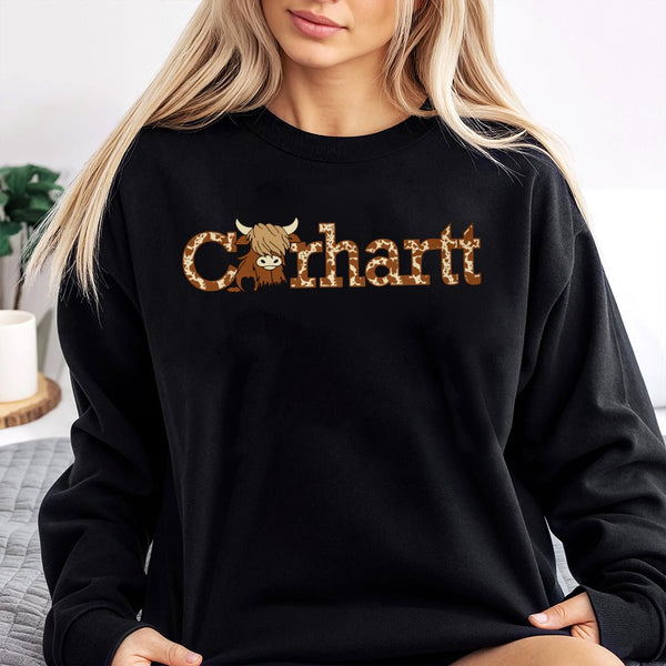 Highland Cow Sweatshirt | Leopard Print Western Graphic | Cotton Blend Premium Crewneck | Trendy Farmhouse Gift For Her