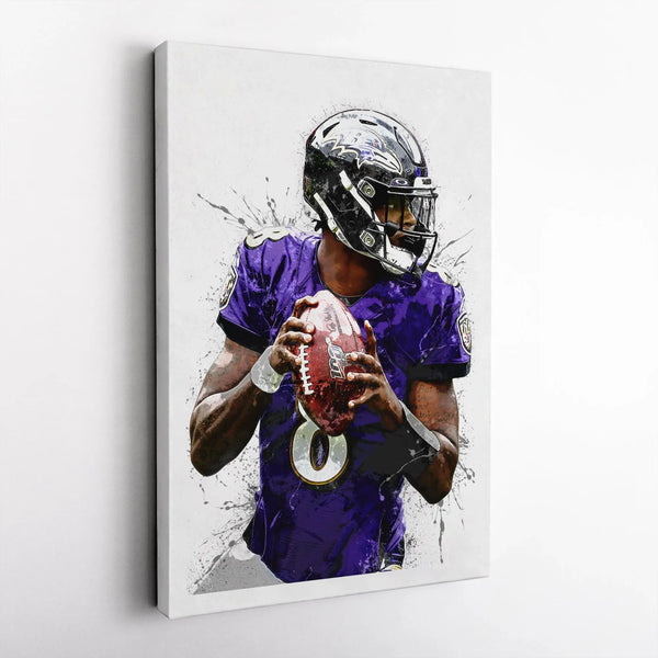 Lamar Jackson Canvas Art | NFL Football Splatter Poster | Premium Gallery Wrap Wall Decor | Ravens Fan Gift For Him