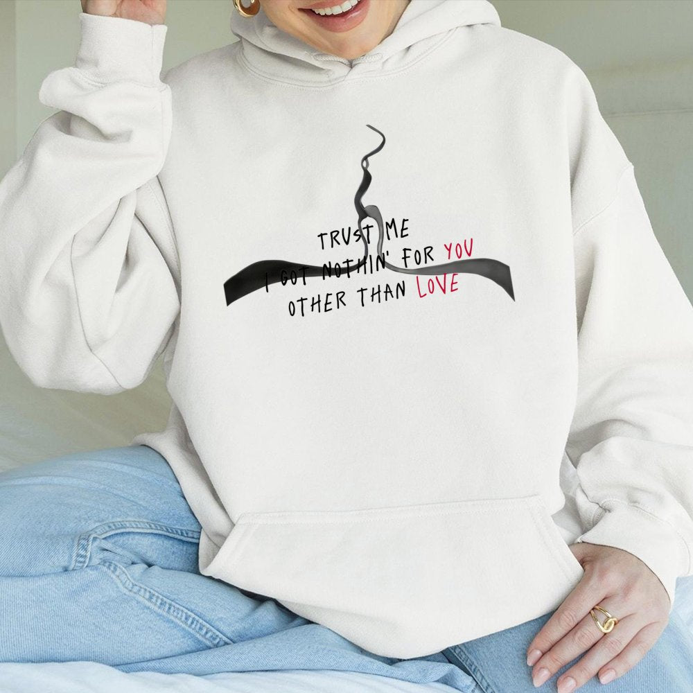 Trust Me Love Hoodie | Aesthetic Graphic Quote Pullover | Premium Cotton-Blend Streetwear | Unisex Emo Alt Fashion Gift