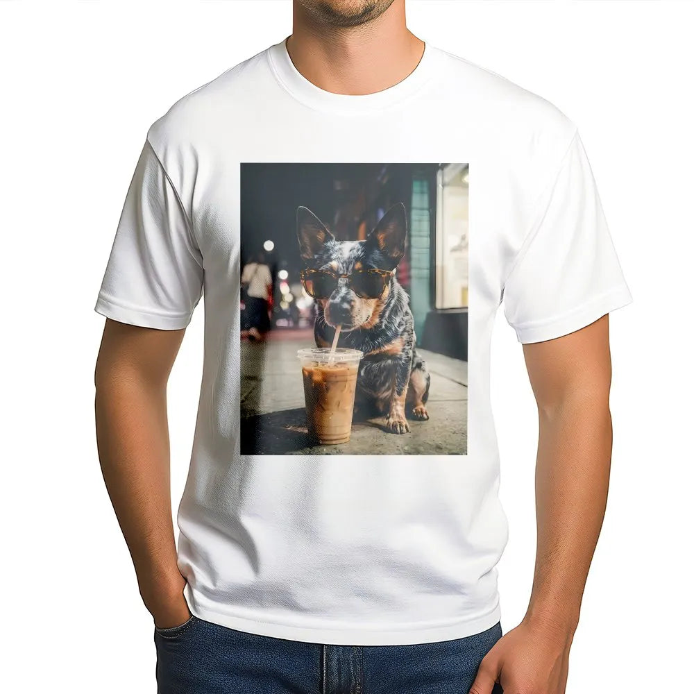 Blue Heeler T-Shirt | Dog with Sunglasses Drinking Iced Coffee | Soft Cotton Blend | Funny Australian Cattle Dog Lover Gift
