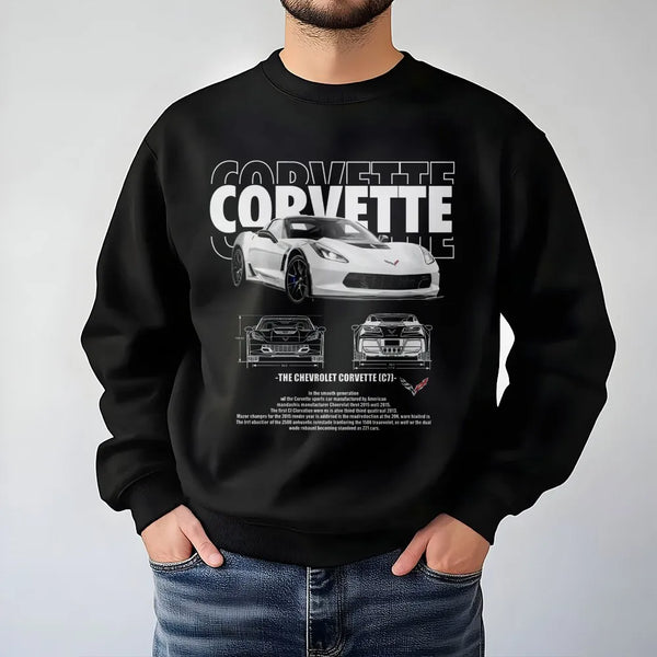 Corvette C7 Sweatshirt | Vintage Blueprint Sports Car Graphic | Premium Cotton Blend Unisex Pullover | Car Enthusiast Gift