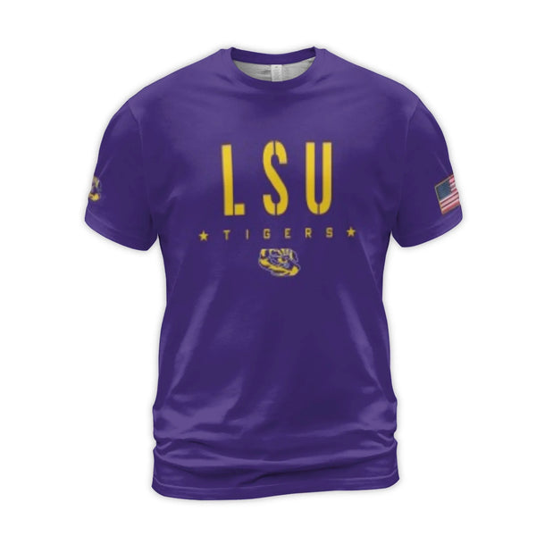 LSU Tigers T-Shirt | Geaux Tigers Distressed American Flag Graphic | Premium Polyester Jersey | College Football Fan Gift